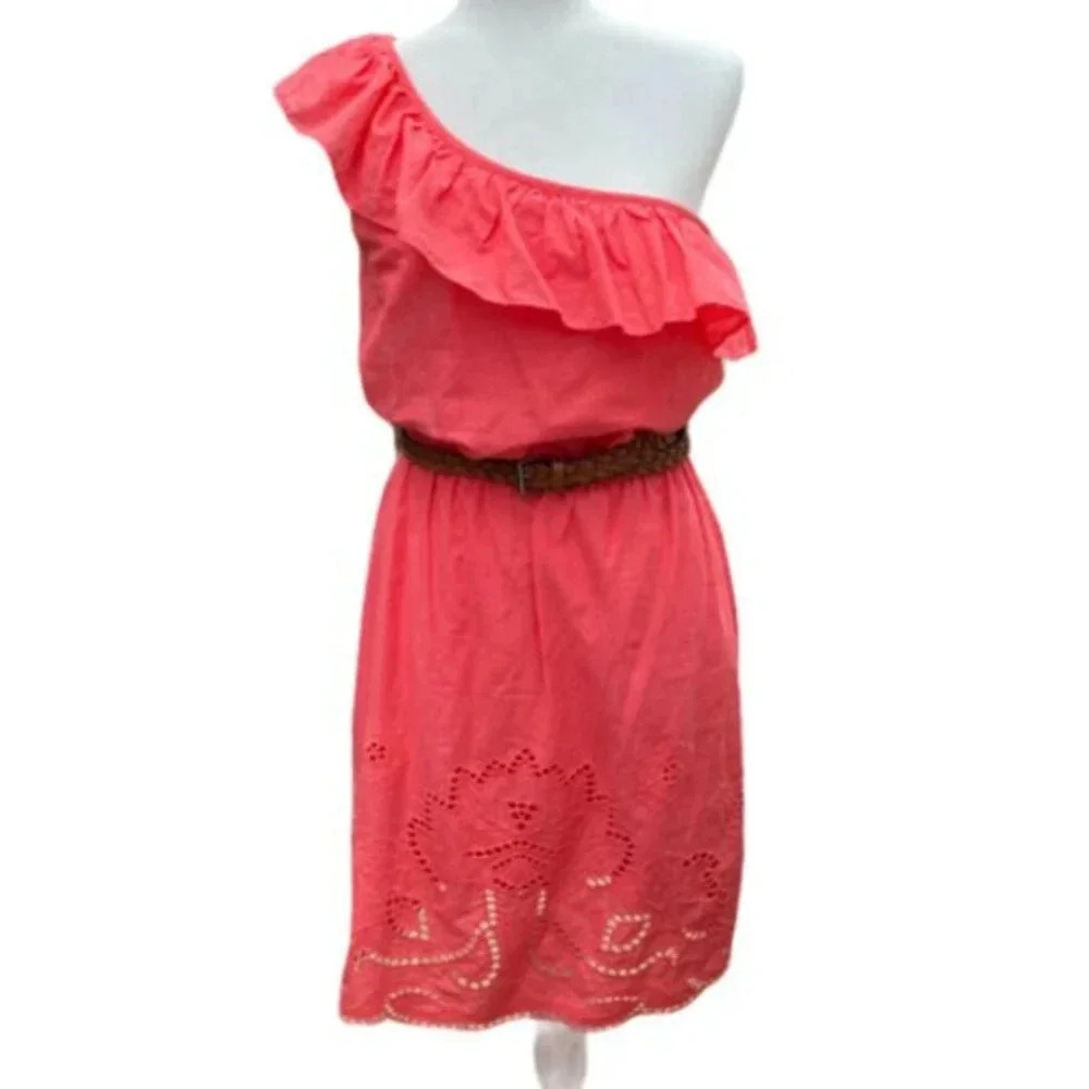 B Smart One Bare‎ Shoulder Ruffle Belted Fully lined Mini Dress Coral Size 8​​​